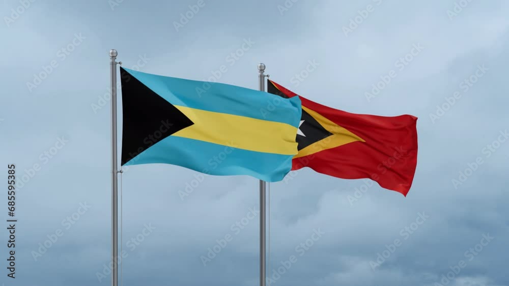 East Timor and Bahamas flag waving together on cloudy sky, endless seamless loop, two country cooperation concept East Timor and Bahamas flag waving together on cloudy sky, endless seamless loop, two country cooperation concept