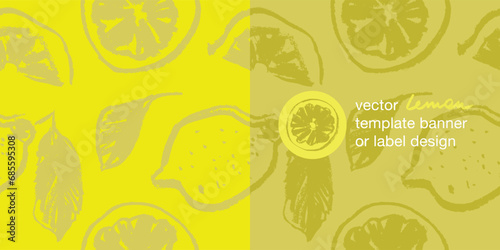 Pattern of lemons drawn with colored pencils. Vector seamless lemon background for creating juice labels, natural cosmetics. Hand-drawn illustrations of lemons with leaves.