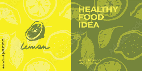 Pattern of lemons drawn with colored pencils. Vector seamless lemon background for creating juice labels, natural cosmetics. Hand-drawn illustrations of lemons with leaves.