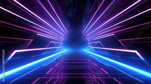 Abstract neon light fluorescent Neon Lights glow  Reflection on water  exhibition background 3D illustration.