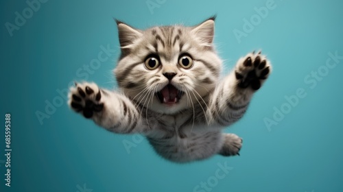 funny cat flying. photo of a playful tabby cat jumping mid-air looking at camera. background with copy space photo