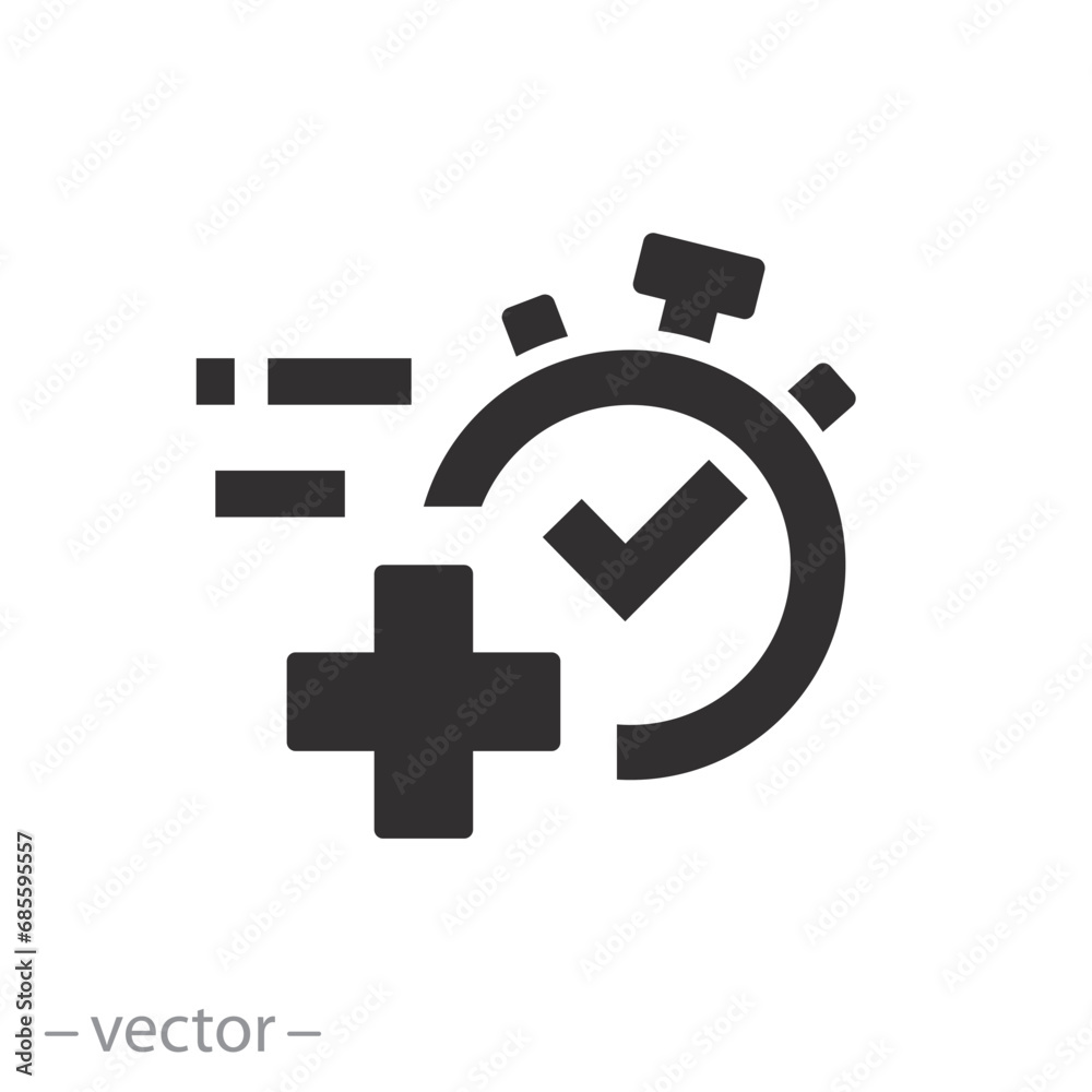 Fototapeta premium quick treatment icon, fast healing effect, stopwatch with cross, first aid - flat vector illustration