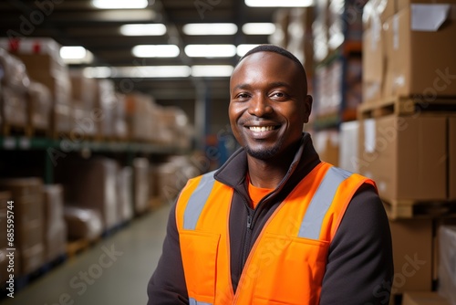 Worker in a work environment. African-American warehouse worker