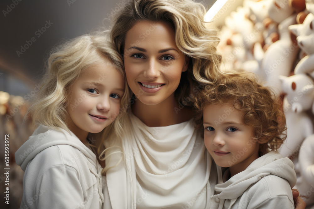 Mom and kids are sitting on the background of a Christmas tree Mom and kids are sitting on the background of a Christmas tree