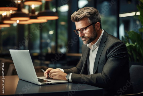 Photo of an adult businessman looking at a laptop in a cafe