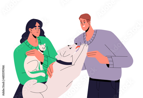 Happy pet owners care about their domestic animals. People adopt funny dog. Man loves, plays with fluffy puppy. Woman holds cat, kitty in hands. Flat isolated vector illustration on white background