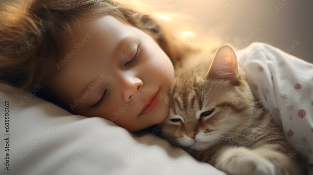 Portrait of a white toddler girl sleeps with her cat against white background with space for text, background image, AI generated Portrait of a white toddler girl sleeps with her cat against white background with space for text, background image, AI generated