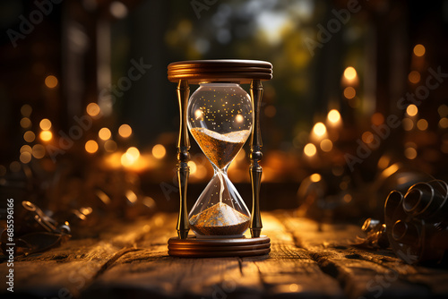 sand timer on a rustic wooden surface