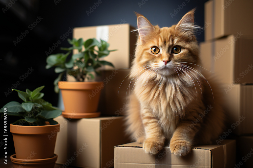 Moving to new home, donation concept. Stack of cardboard boxes and cat sitting in empty cardboard box inside the room Moving to new home, donation concept. Stack of cardboard boxes and cat sitting in empty cardboard box inside the room
