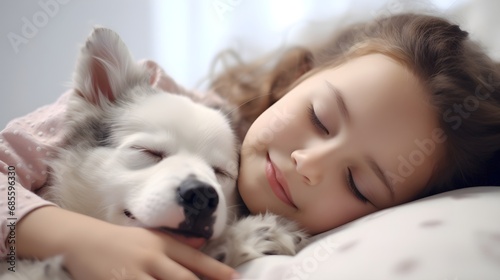 Portrait of a white toddler girl sleeps with her dog against white background with space for text, background image, AI generated