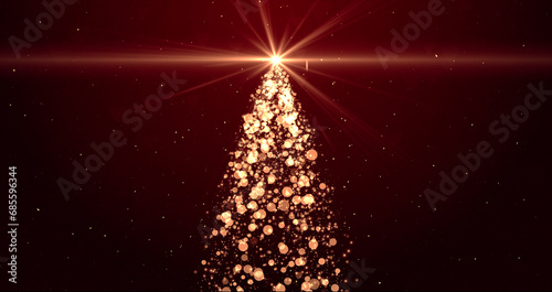 Bright Christmas tree with twinkling lights and stars on red background