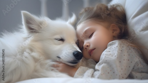 Portrait of a white toddler girl sleeps with her dog against white background with space for text, background image, AI generated © Hifzhan Graphics