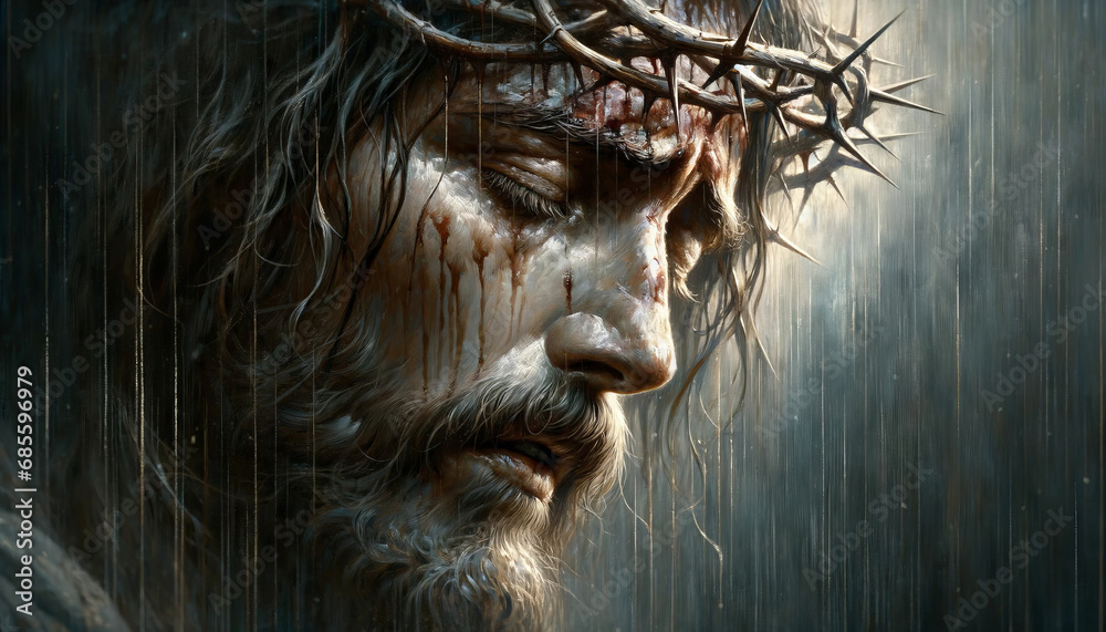 Divine Suffering: The Face of Jesus Christ in the Agony of the Cross at his Passion and Crucifixion.