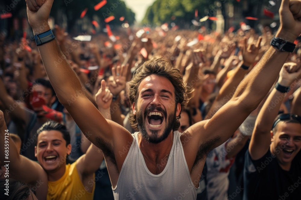 Crowd cheers as male runner breaks finish line tape, runner image