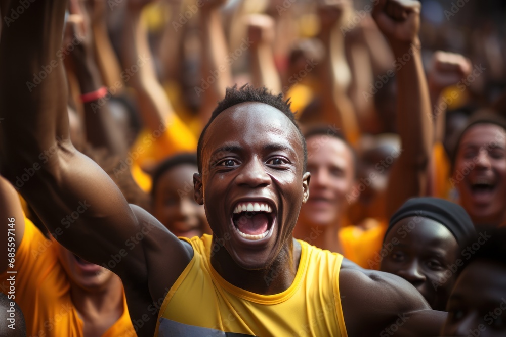 Capturing the energy of a cheering crowd as a male runner takes center stage, runner image