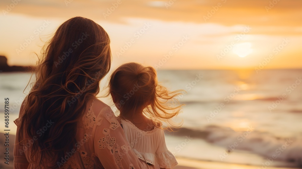 Obraz premium Back view portrait of a mother and her toddler daughter with sunset on the beach as a background with space for text, background image, AI generated