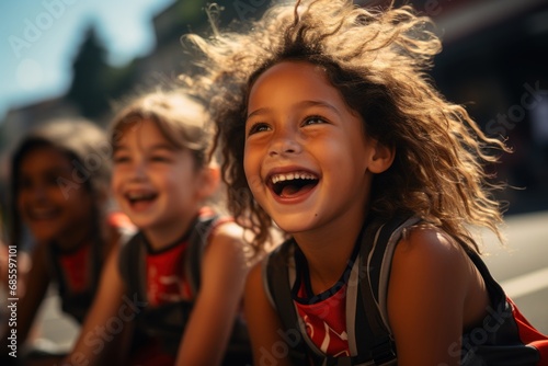 Joyful kids find laughter amidst the race excitement, runner image © Stocks Buddy