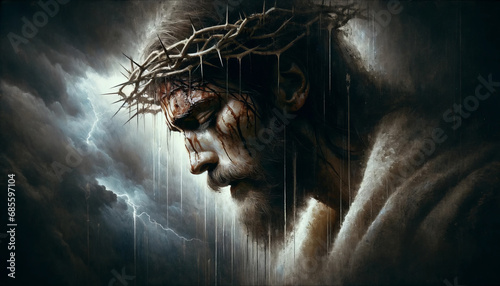 Sacred Suffering and Torment: Jesus Christ's Face Wearing the Crown of Thorns during his Crucifixion at Calvary's Hill. photo