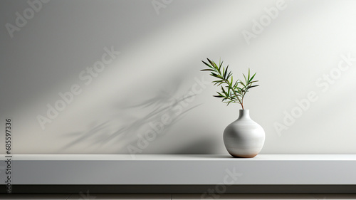 Un fondo universal y elegantemente diseñado a medida para presentaciones de productos. La composición presenta una estantería vacía blanca y limpia fijada a una pared gris claro. photo