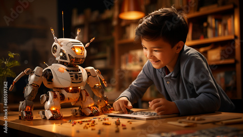Una escena vibrante y educativa que muestra una clase de codificación en una escuela primaria, en la que un profesor muestra con entusiasmo la programación de un robot mecánico a un grupo de jóvenes