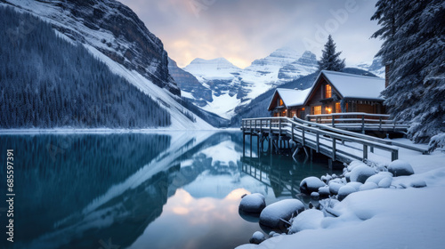 Stunning blue hour shot of a boat house on a crystal clear winter morning at Lake Louise  Alberta  Canada
