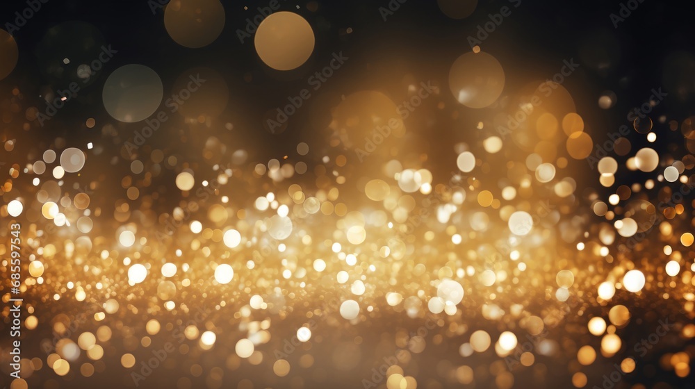 Abstract festive dark gold black glow glitter particle confetti bokeh texture background