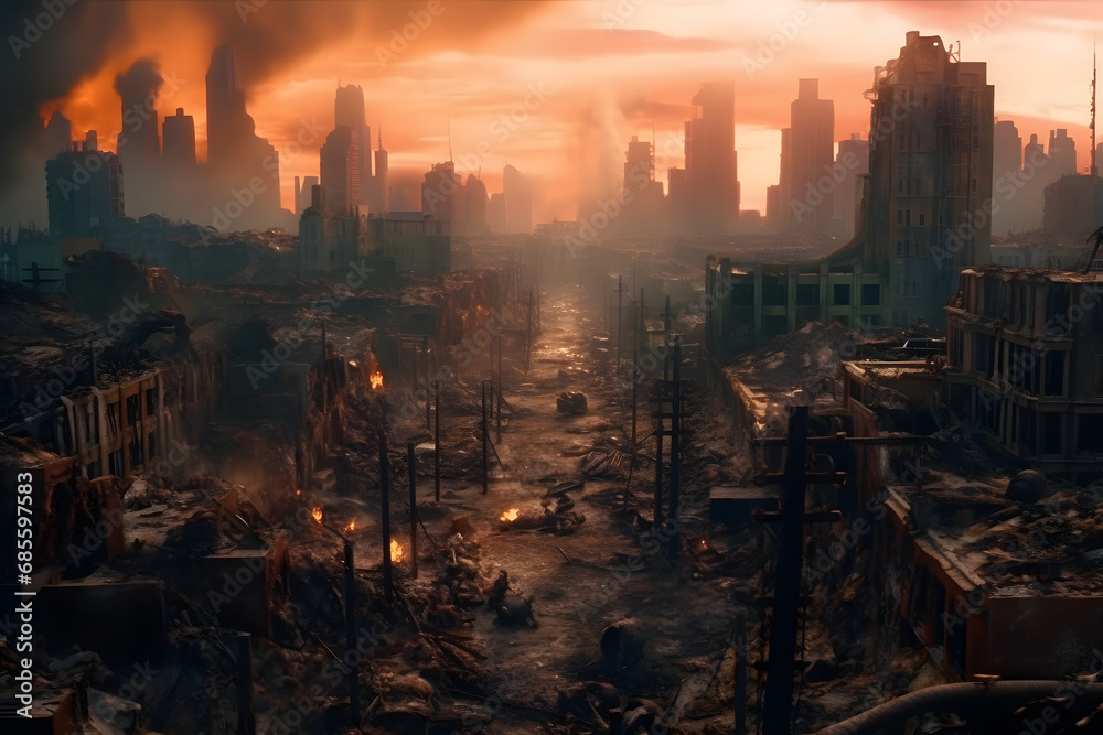 Sunset over the destroyed city. Military conflict. 