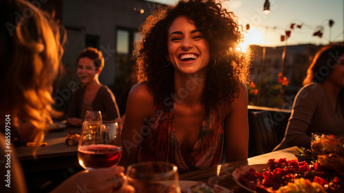 Fotografía que capta el alegre momento de unos amigos chocando sus copas de vino tinto para celebrar una cena en una azotea.