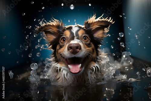 Cheerful puppy enjoying a refreshing shower. © mitarart