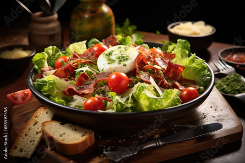 Ceaser Salad surrounded by its ingredients on wooden table .