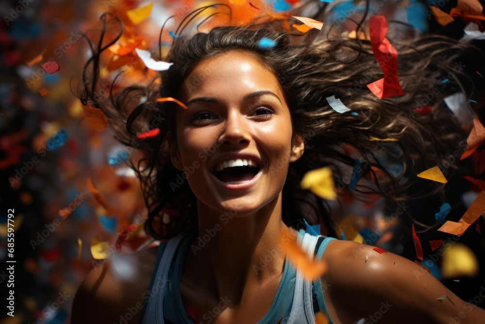 Fototapeta premium Dynamic image as confetti explodes for female runner victory, runner image