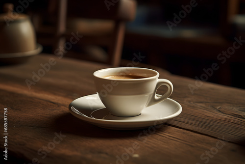 cup of coffee on wooden table. 