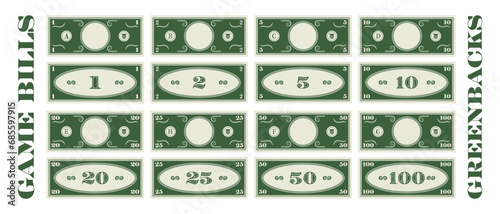 Vector set of play money. Banknotes in denominations of 1, 2, 5, 10, 20, 25, 50 and 100. Greenbacks. Collection of bills. Obverse and reverse. Empty circle in center. Samples of cash. Part 1.
