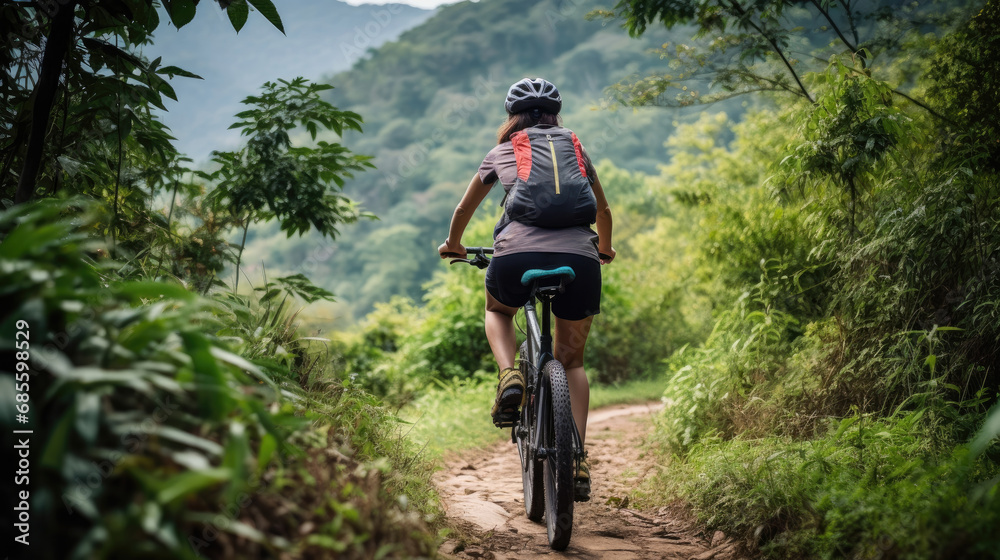 Naklejka premium Woman cyclist cycling on mountain top forest trail