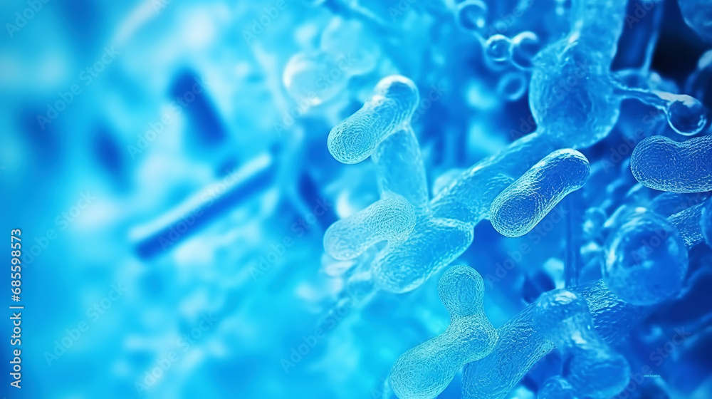 Beautiful electronic microscopy of bacteria, fungi fantasy microbiology in blue tones. Microscopic life. Generative AI