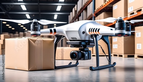 Eine Drohne in einer Lagerhalle mit Paketen - Neuer Art des Transportes photo