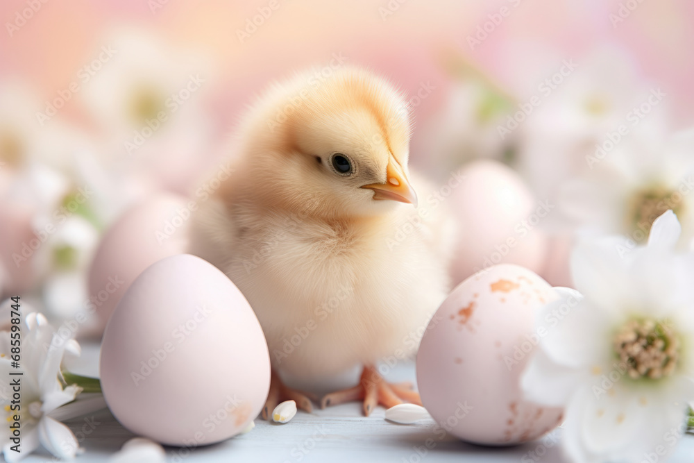 Easter chick peeking out of egg shell on pastel background with spring flowers and eggs. Generative AI