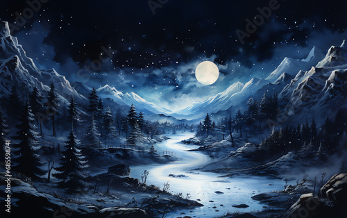 Ölbild mit Landschaft und Mond