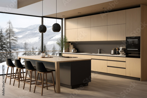 Modern scandinavian minimalist interior design of kitchen with island. Generative AI