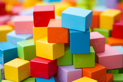Pile of colorful blocks sitting on top of table.