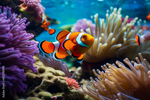 Clown fish swimming in aquarium with corals and other sea life.