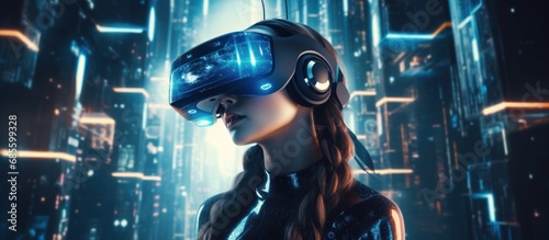 woman with cyberpunk style 3d vr technology background wallpaper ai generated image