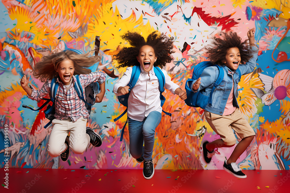 Obraz premium Drei Kinder mit Rucksäcken hüpfen vor einer bunten Wand