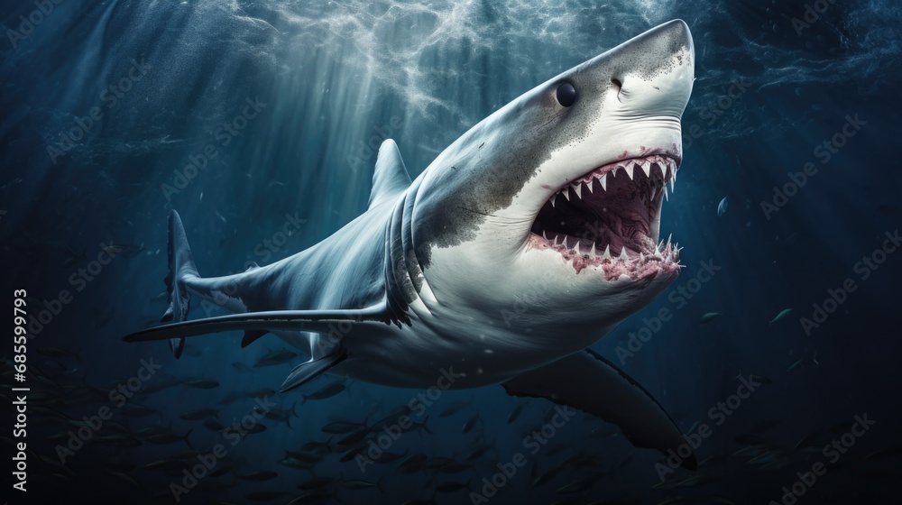 Fototapeta premium Ocean shark bottom view from below. Open toothy dangerous mouth with many teeth. Underwater blue sea waves clear water shark swims forward