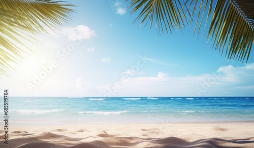 Sunny tropical Caribbean beach with palm trees and turquoise water  island vacation in summer