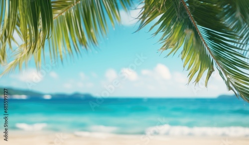 Sunny tropical Caribbean beach with palm trees and turquoise water, island vacation in summer