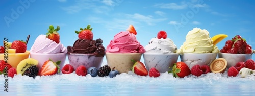 Collection of various delicious ice cream. Lolly ice  cones with different topping  fruit  chocolate and vanilla icecream on blue sky background