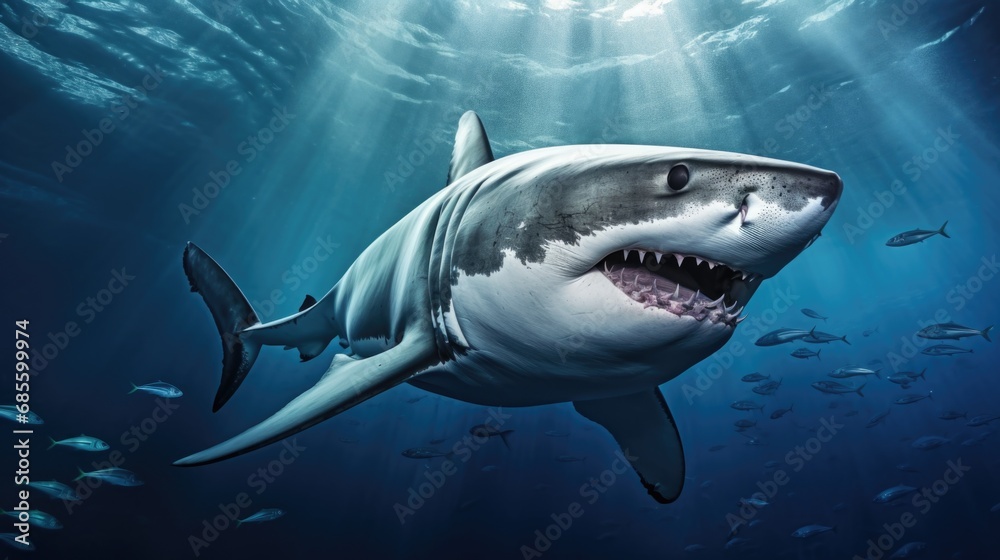 Fototapeta premium Ocean shark bottom view from below. Open toothy dangerous mouth with many teeth. Underwater blue sea waves clear water shark swims forward