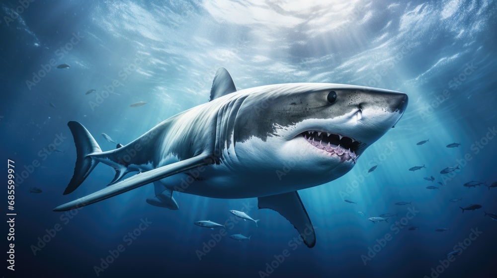 Fototapeta premium Ocean shark bottom view from below. Open toothy dangerous mouth with many teeth. Underwater blue sea waves clear water shark swims forward