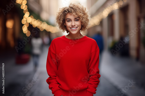 Girl in red hoodie sweater on Christmas decorated street background. Sweater mockup for design demonstration